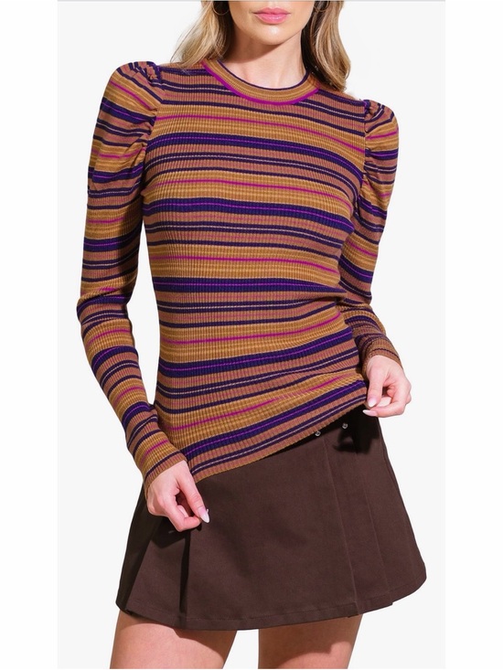 Flying Tomato Tops - NWT-Flying Tomato Striped Puff-Sleeve Ribbed Top in Mustard & Purple